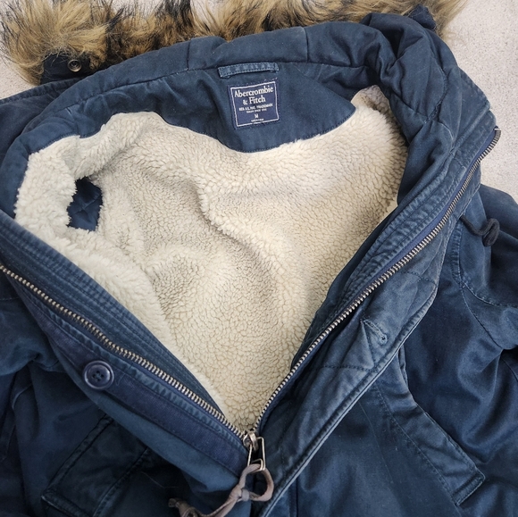 Abercrombie & Fitch VTG Y2K 2000s Men's Blue Parka Jacket Faux Fur Hood Size M - Picture 15 of 16
